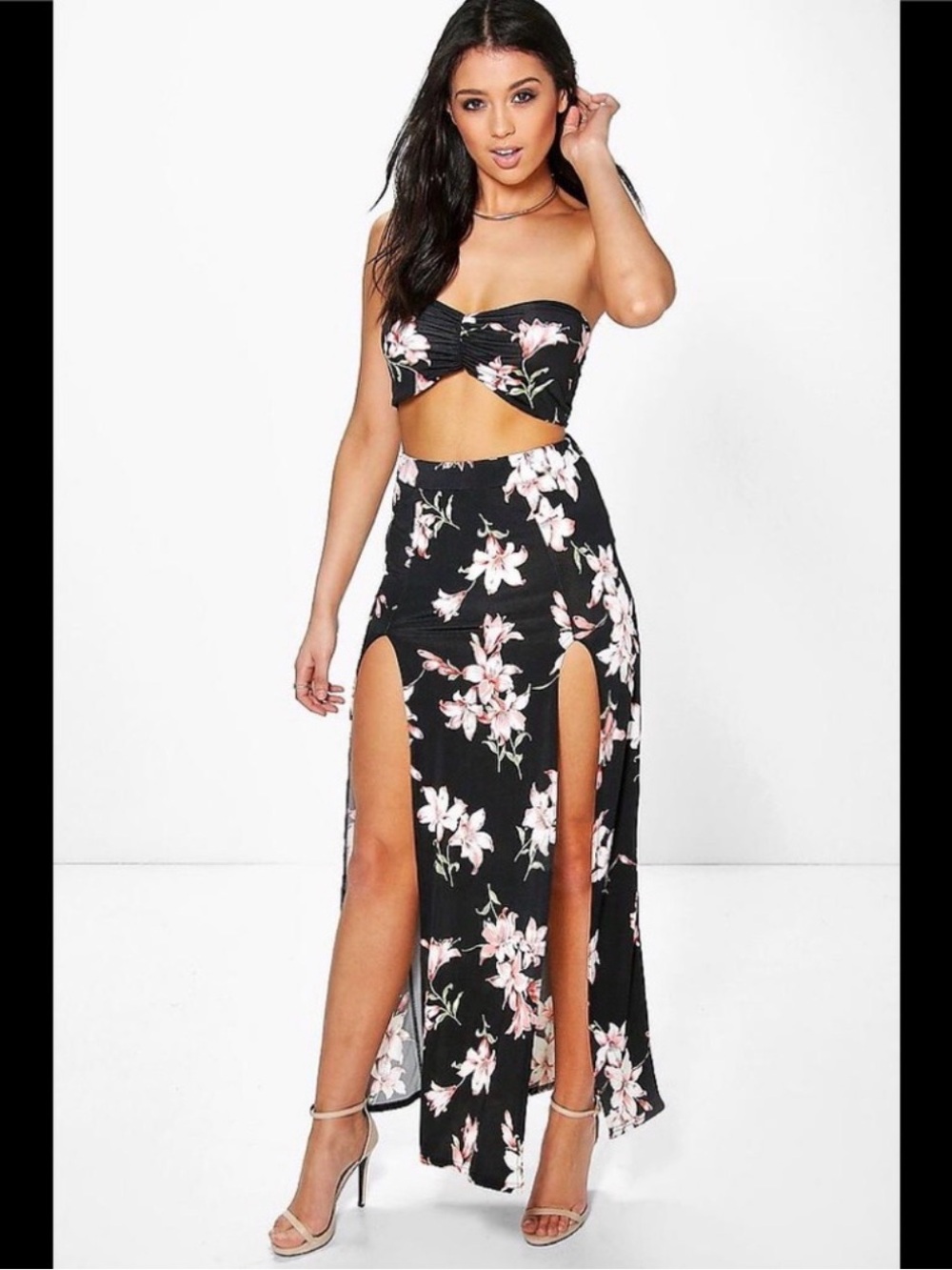 Boohoo Zana Floral Bandeau & Maxi Skirt Set black size 4 small